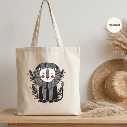 Natural canvas cotton tote bag with cute woodland lion illustration in black, white and red