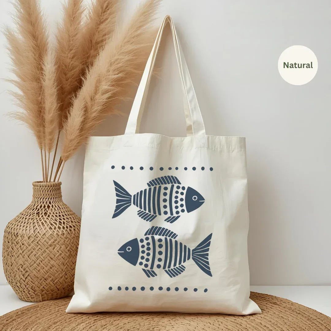 Nautical Fish Canvas Tote Bag in Natural — folk art navy fish print by The Folk Brush