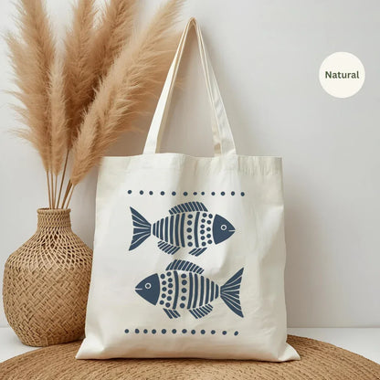 Nautical Fish Canvas Tote Bag in Natural — folk art navy fish print by The Folk Brush