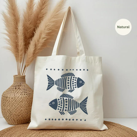 Nautical Fish Canvas Tote Bag in Natural — folk art navy fish print by The Folk Brush