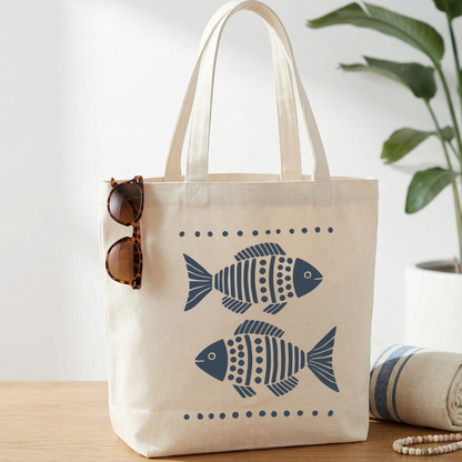 Nautical Fish Canvas Tote Bag in Natural — two graphic fish folk art print detail