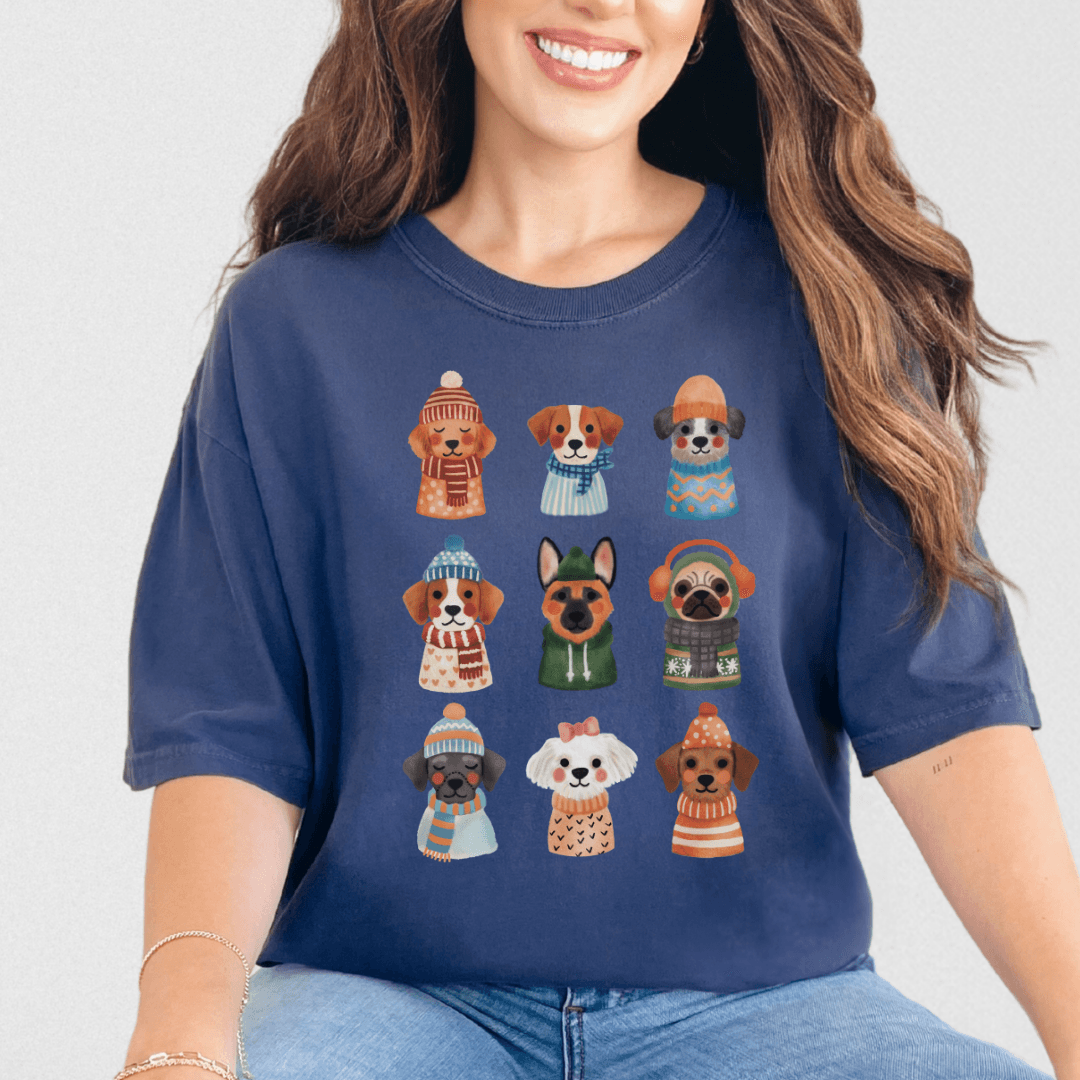 Navy Comfort Colors 1717 tee with cute dogs in scarves and beanies illustration