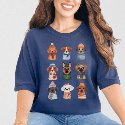 Navy Comfort Colors 1717 tee with cute dogs in scarves and beanies illustration