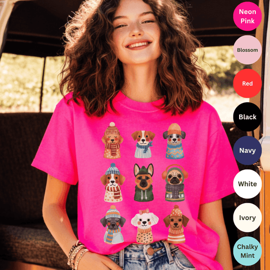 Neon pink Comfort Colors 1717 t-shirt with cozy puppies in knitwear illustration