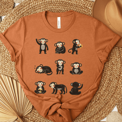 Nine playful monkeys t-shirt autumn orange Bella+Canvas 3001