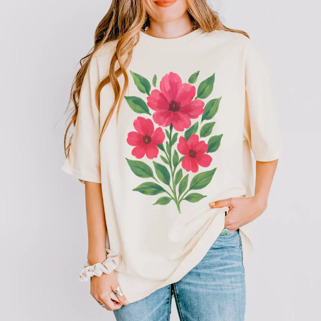 Pink blooms folk art t-shirt in ivory — garment-dyed floral tee by The Folk Brush