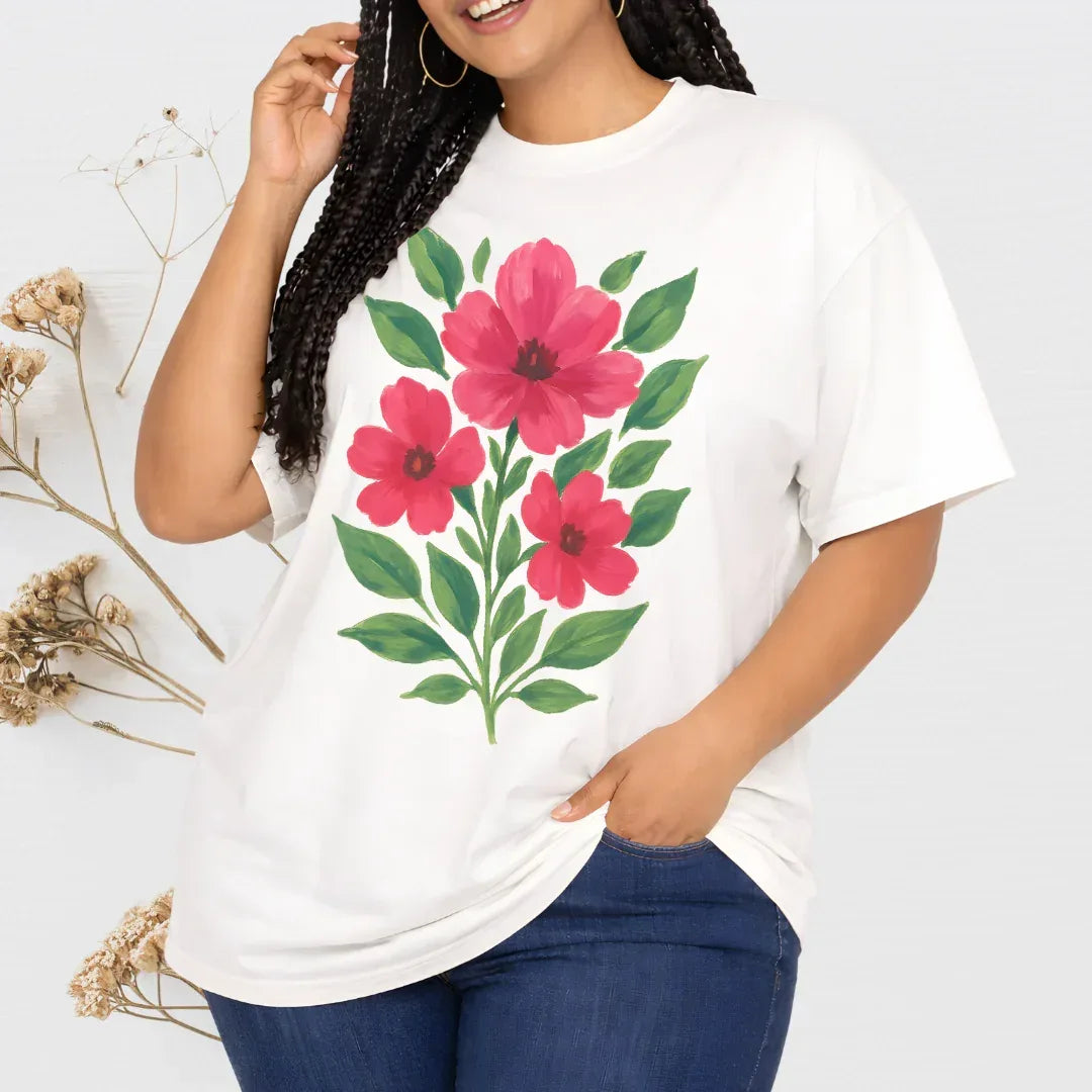 Pink blooms folk art t-shirt in white— garment-dyed floral tee by The Folk Brush