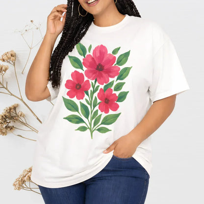 Pink blooms folk art t-shirt in white— garment-dyed floral tee by The Folk Brush