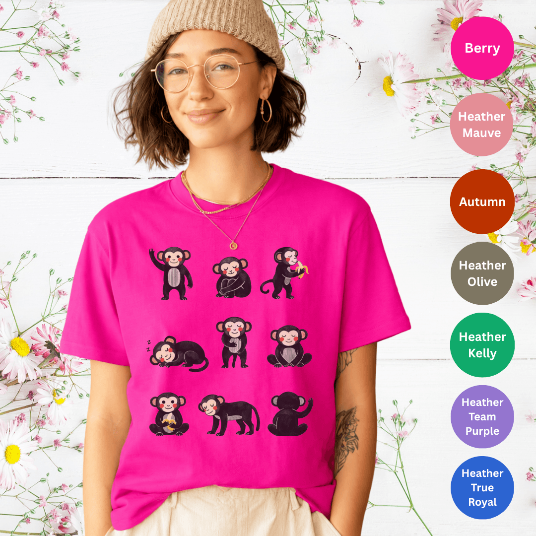 Playful monkey grid t-shirt berry Bella+Canvas 3001