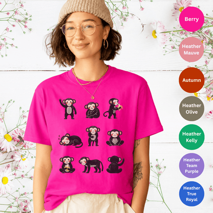 Playful monkey grid t-shirt berry Bella+Canvas 3001
