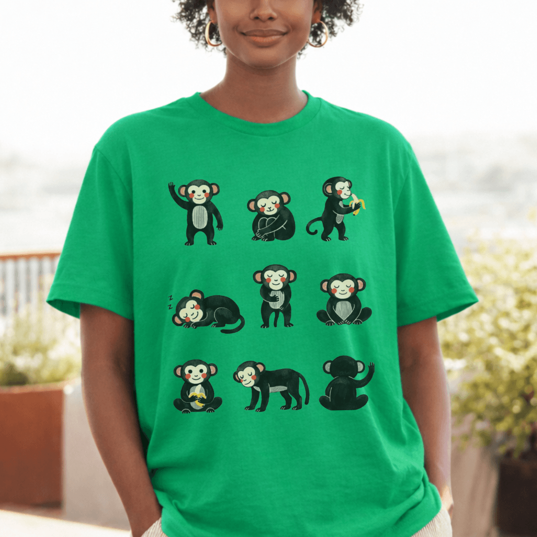 Playful monkey grid t-shirt heather kelly green Bella+Canvas 3001