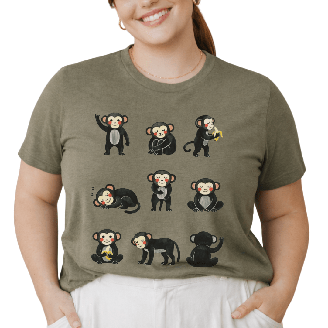 Playful monkey grid t-shirt heather olive Bella+Canvas 3001