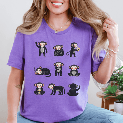 Playful monkey grid t-shirt heather team purple Bella+Canvas 3001