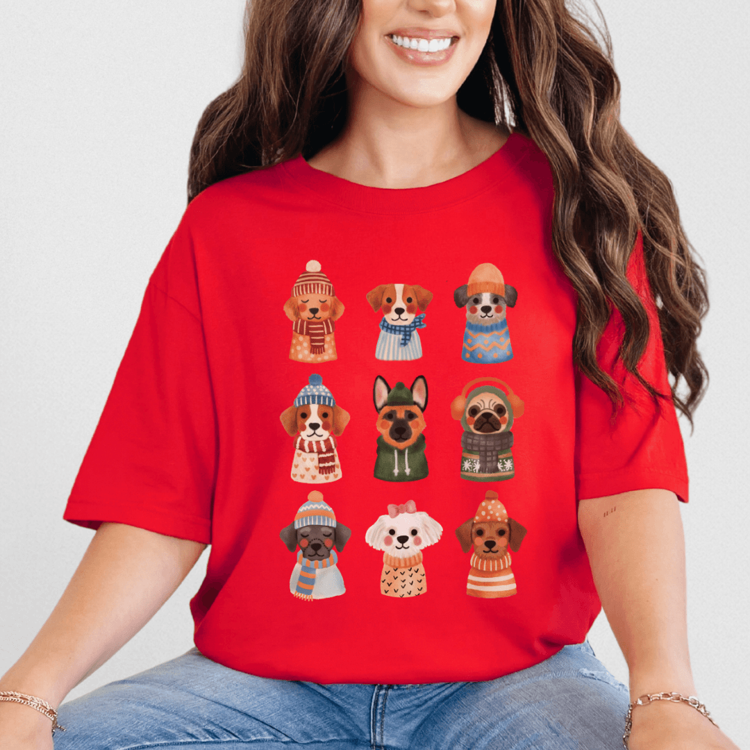 Red Comfort Colors 1717 tee with cute puppies in winter sweaters illustration