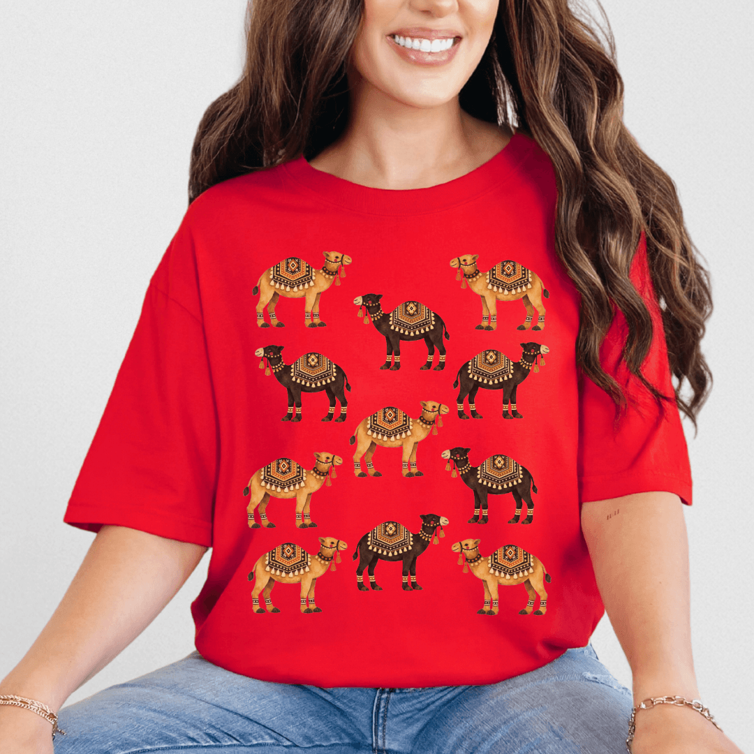 Red Comfort Colors 1717 tee with retro camel caravan illustration
