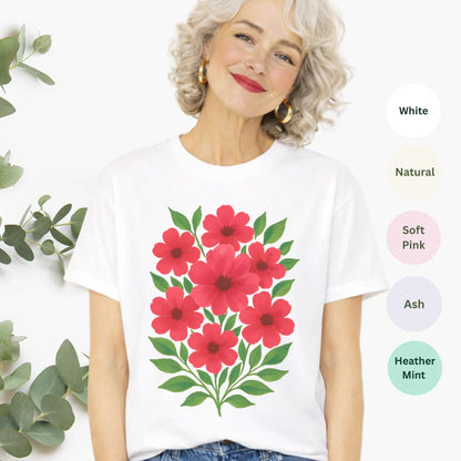 Red and Green Floral Bouquet T-Shirt — color options White, Natural, Soft Pink, Ash, Heather Mint — Bella+Canvas 3001