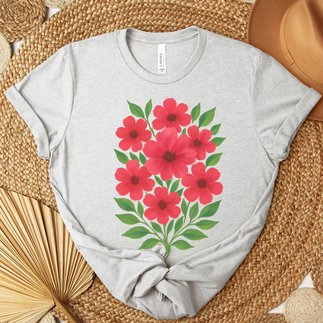 Red and Green Floral Bouquet T-Shirt in Ash — red flower bouquet folk art print detail