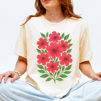Red and Green Floral Bouquet T-Shirt in Natural — folk art red floral bouquet tee