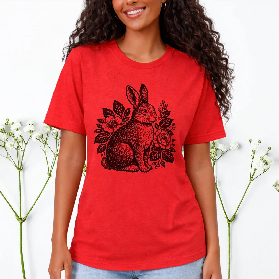 Red heather bunny graphic tee with black illustration