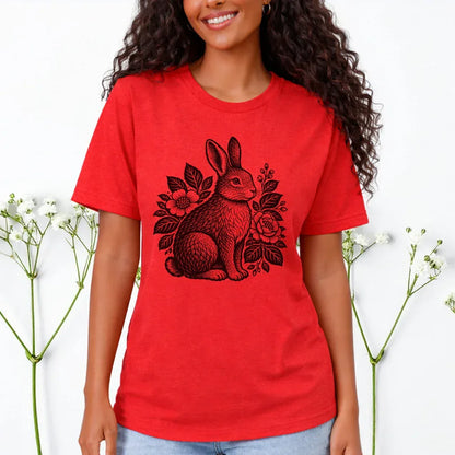 Red heather bunny graphic tee with black illustration