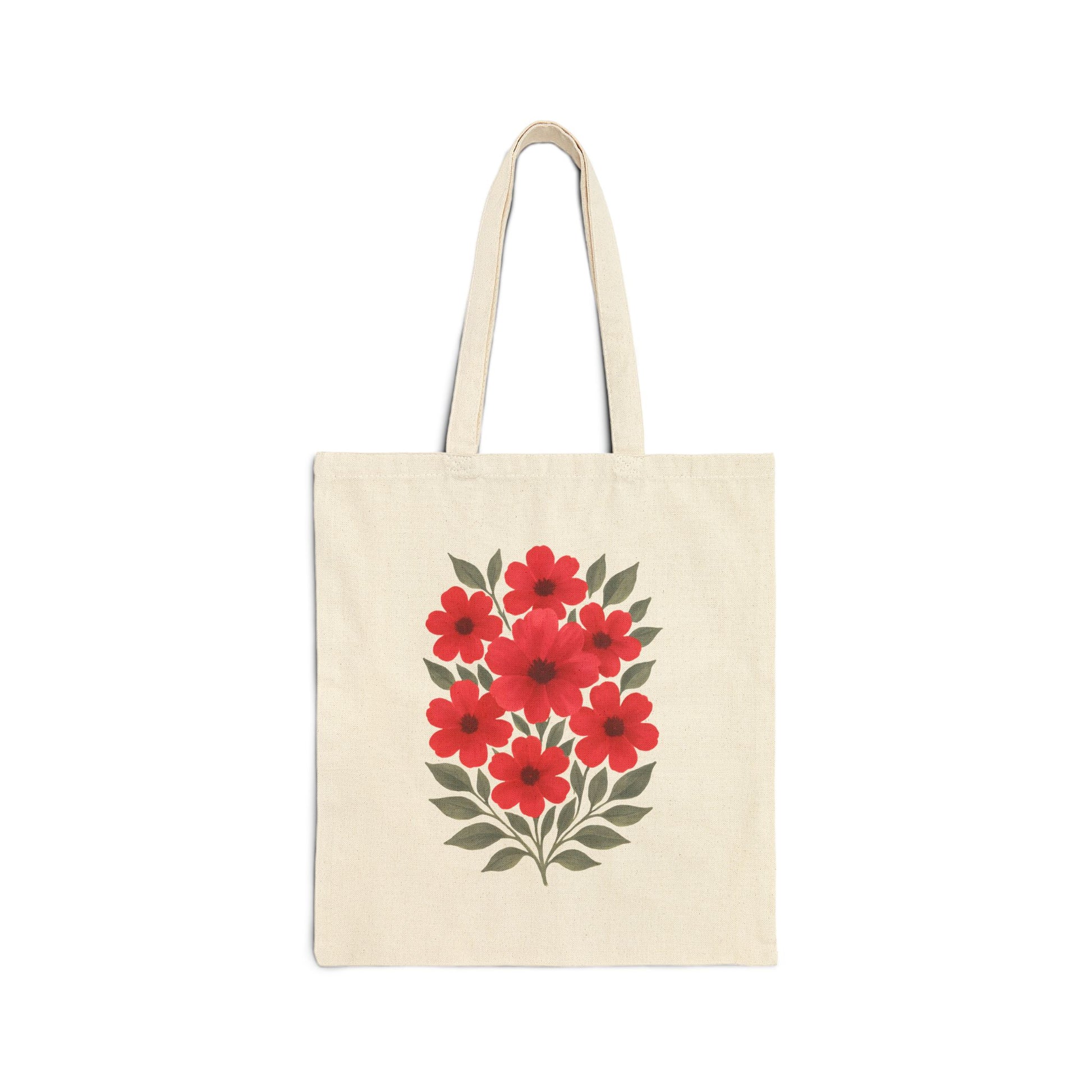Red poppies folk art cotton canvas tote bag natural 