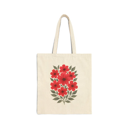 Red poppies folk art cotton canvas tote bag natural 