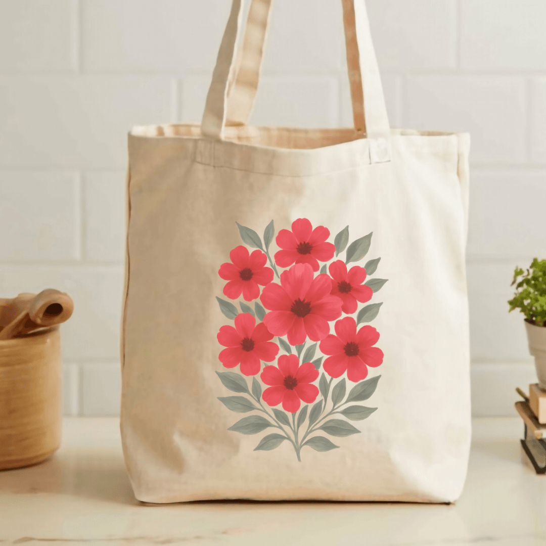 Red poppies folk art cotton canvas tote bag natural 