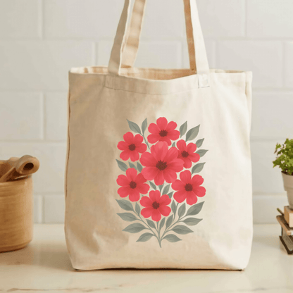 Red poppies folk art cotton canvas tote bag natural 
