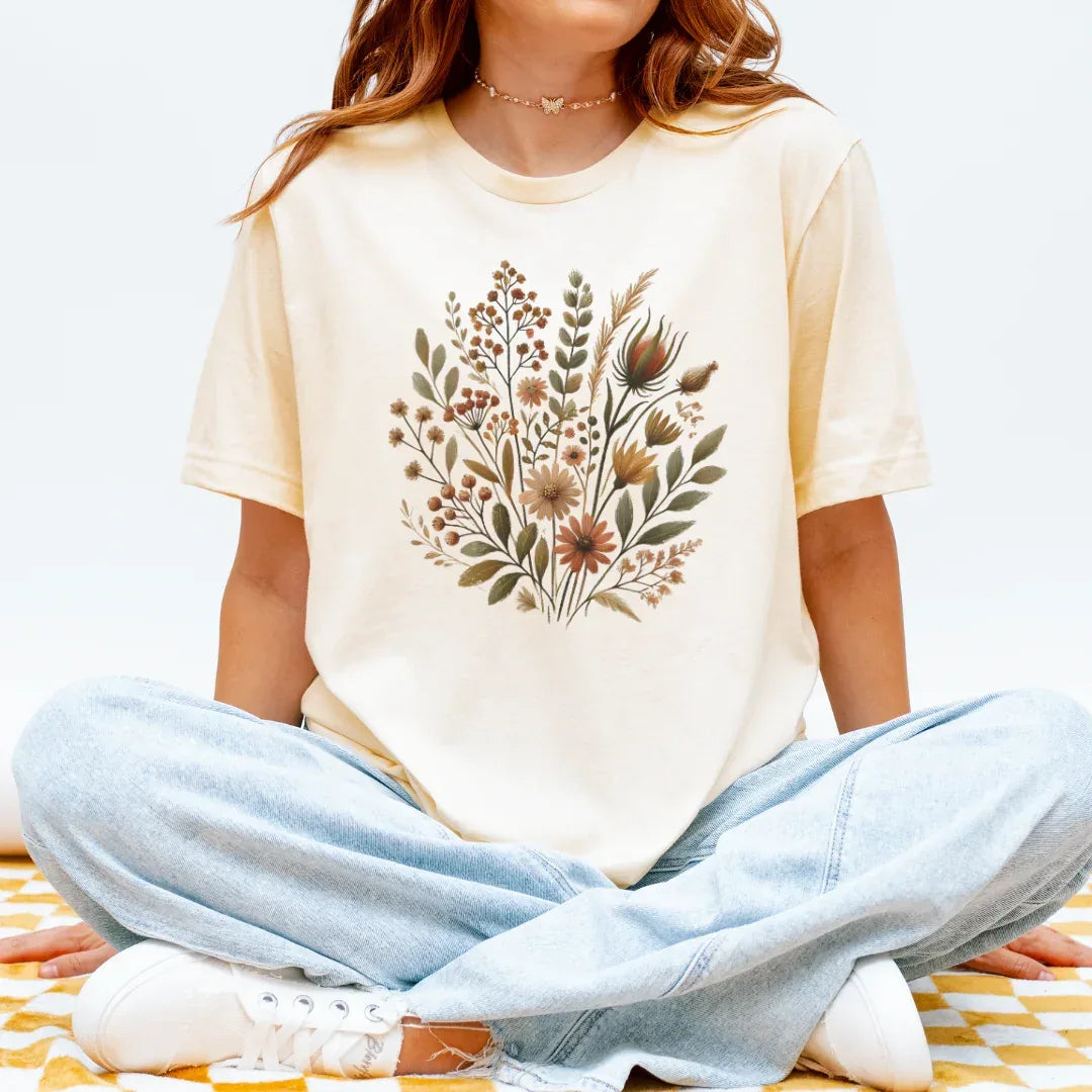 Rustic wildflower bouquet folk art print on natural cotton t-shirt — hand-painted botanical design