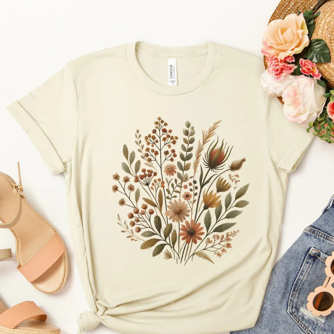 Rustic wildflower t-shirt in soft earthy tone — folk art botanical tee for women