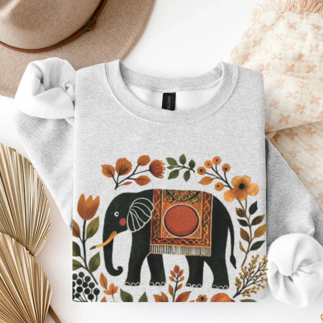 Sand Gildan 18000 crewneck sweatshirt with boho botanical elephant graphic
