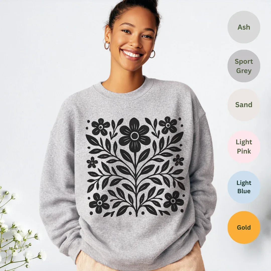 Scandinavian Folk Flower Crewneck — color options Ash, Sport Grey, Sand, Light Pink, Light Blue, Gold — Gildan 18000
