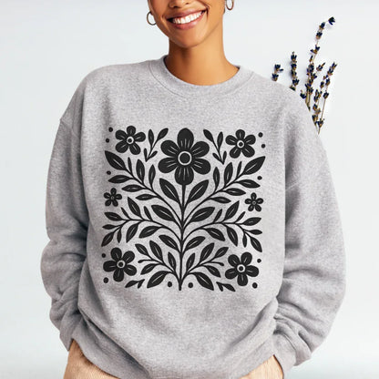Scandinavian Folk Flower Crewneck in Ash — bold Nordic folk floral print by The Folk Brush