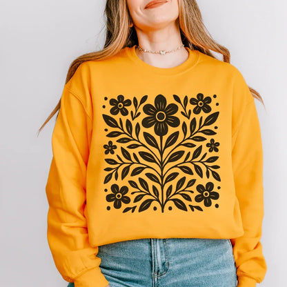 Scandinavian Folk Flower Crewneck in Gold — bold Scandinavian folk art print Gildan 18000