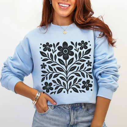 Scandinavian Folk Flower Crewneck in Light Blue — Scandinavian folk art floral crewneck