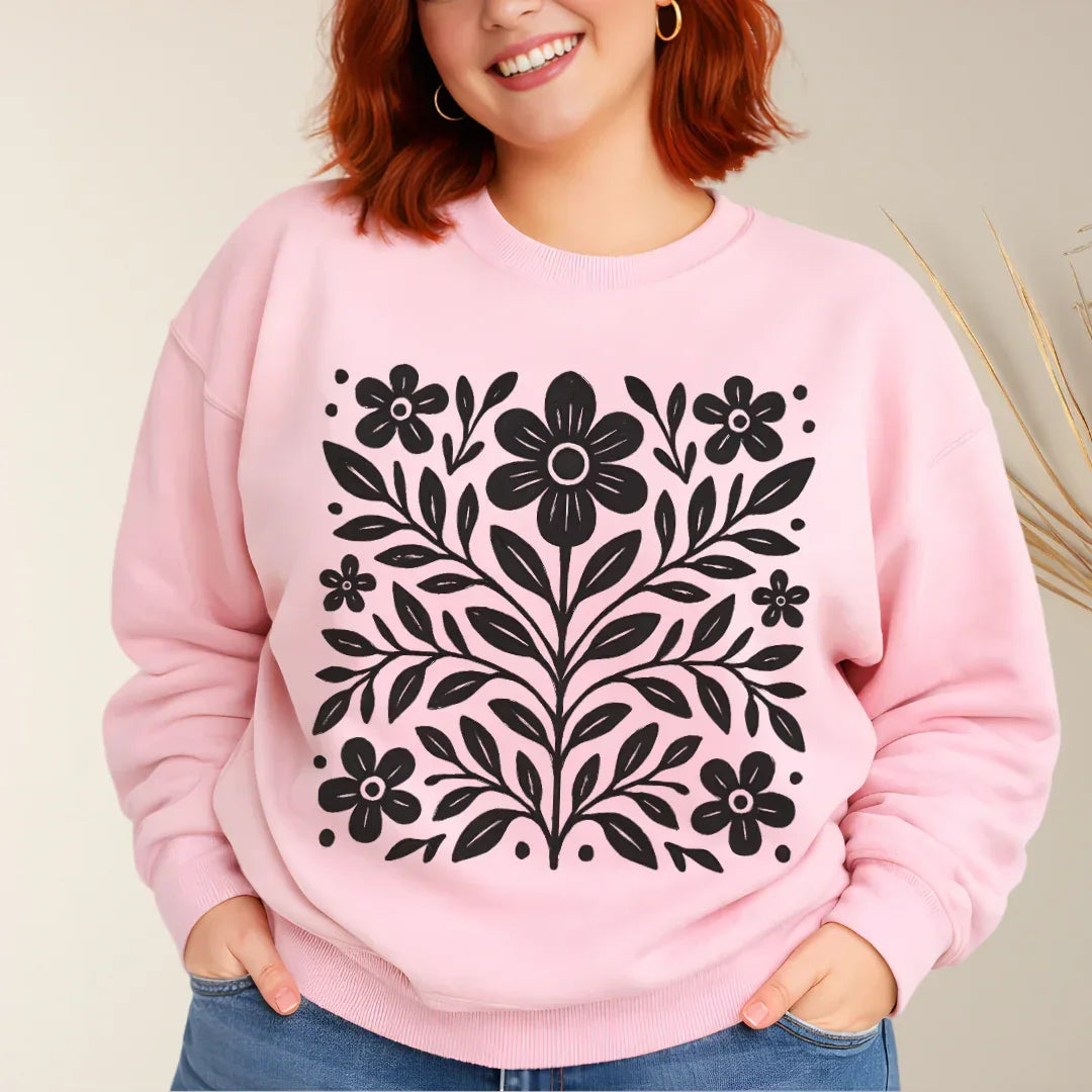 Scandinavian Folk Flower Crewneck in Light Pink — bold folk flower print crewneck sweatshirt