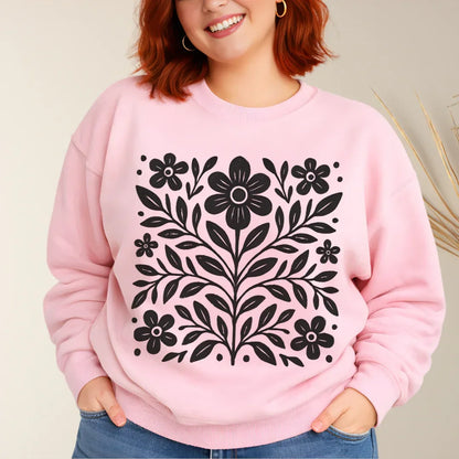 Scandinavian Folk Flower Crewneck in Light Pink — bold folk flower print crewneck sweatshirt