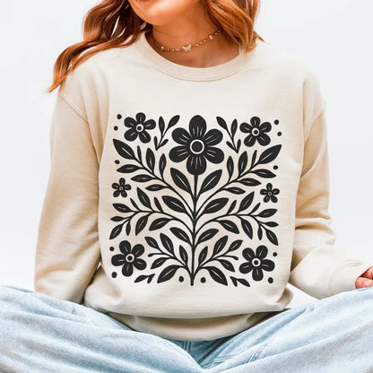 Scandinavian Folk Flower Crewneck in Sand — folk garden floral print Gildan 18000