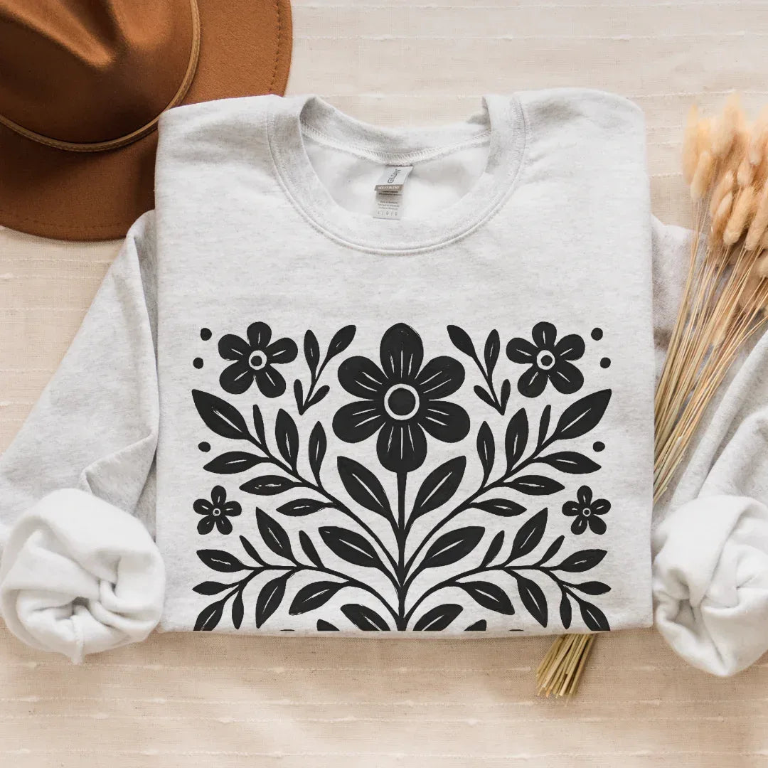 Scandinavian Folk Flower Crewneck in ash grey color— folk floral print detail by The Folk Brush