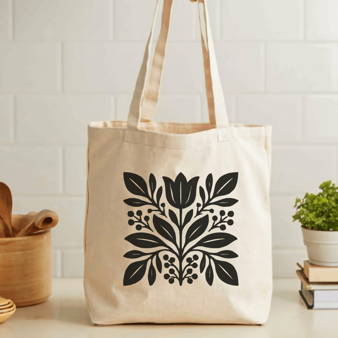 Scandinavian folk floral tote bag, natural canvas cotton tote