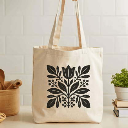 Scandinavian folk floral tote bag, natural canvas cotton tote