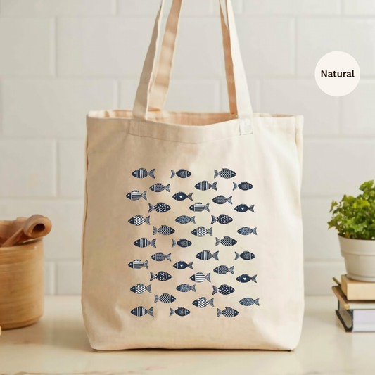 School of blue fish tote bag, natural canvas cotton tote