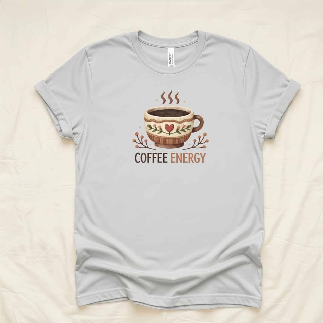 Silver Bella+Canvas 3001 t-shirt with Coffee Energy vintage cup graphic