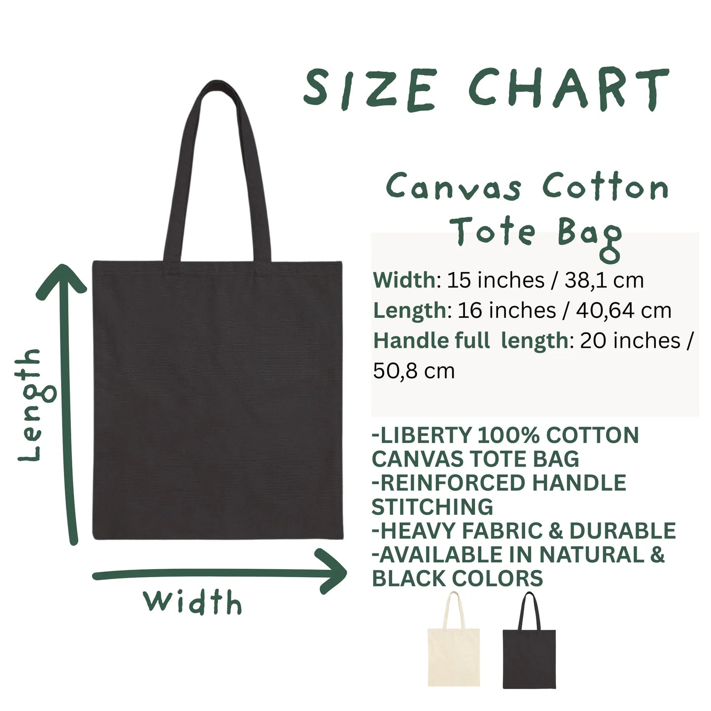 Size chart for canvas cotton tote bag with dimensions in inches and centimetres, available in natural and black