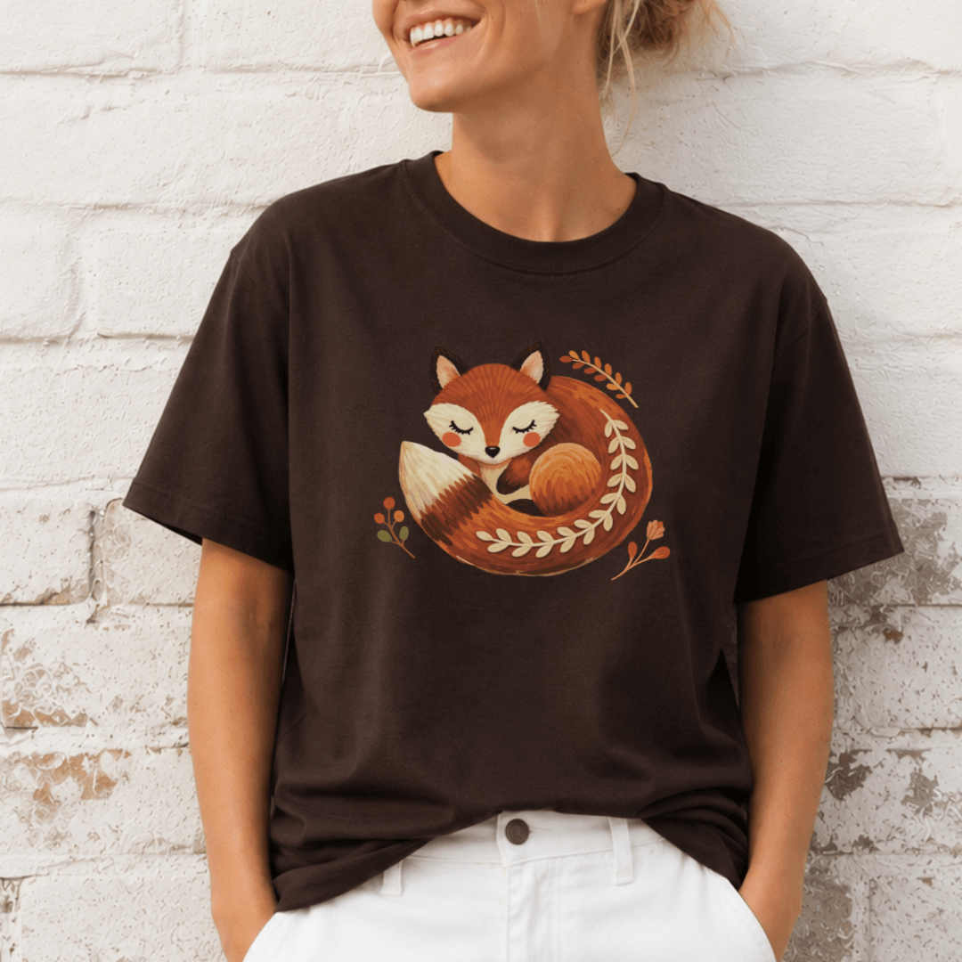 Sleeping fox folk print t-shirt brown