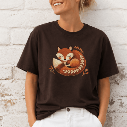 Sleeping fox folk print t-shirt brown
