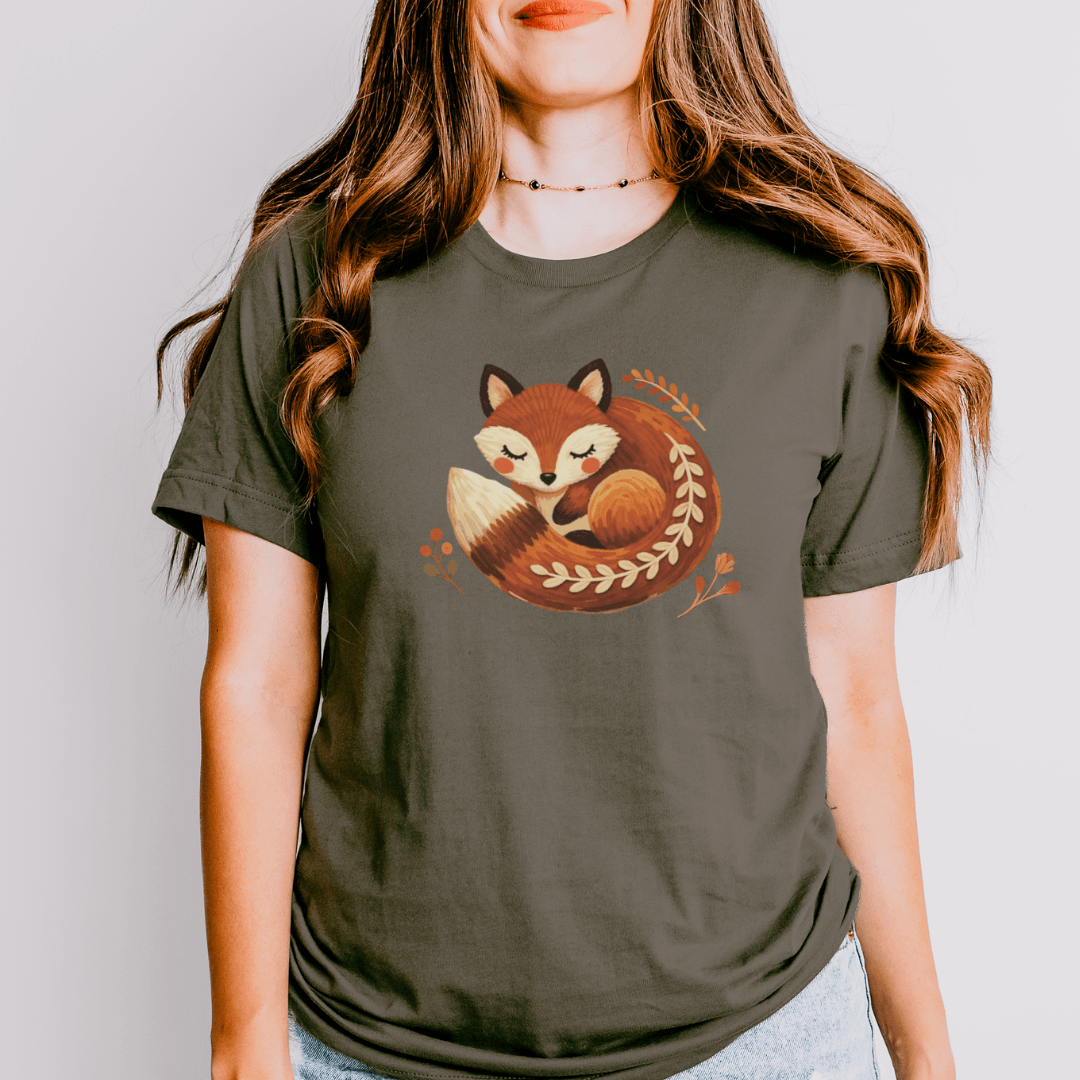 Sleeping fox folk t-shirt army green Bella+Canvas 3001