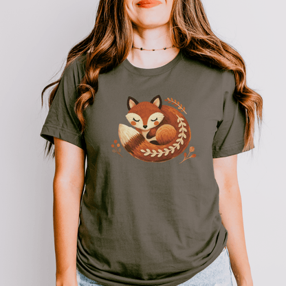 Sleeping fox folk t-shirt army green Bella+Canvas 3001