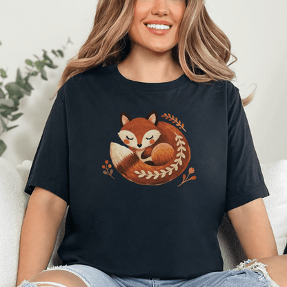 Sleeping fox folk t-shirt black heather Bella+Canvas 3001