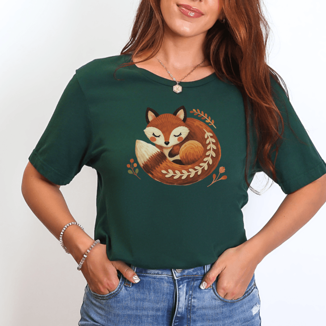 Sleeping fox folk t-shirt forest green Bella+Canvas 3001